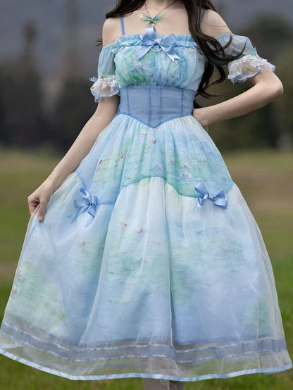 Oil Painting Water Lily Print Basque Waist Sky Blue Dress with Organza Overlay