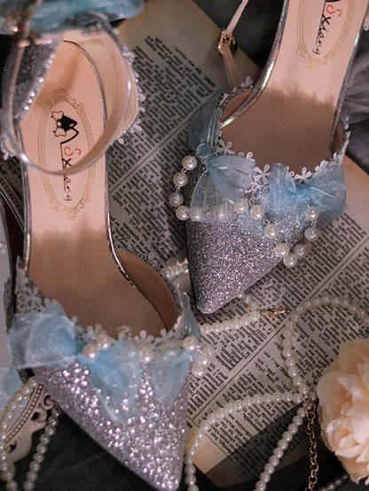 Silver & Light Blue Beaded Chain Pointed Toe Hime Lolita Middle Heels