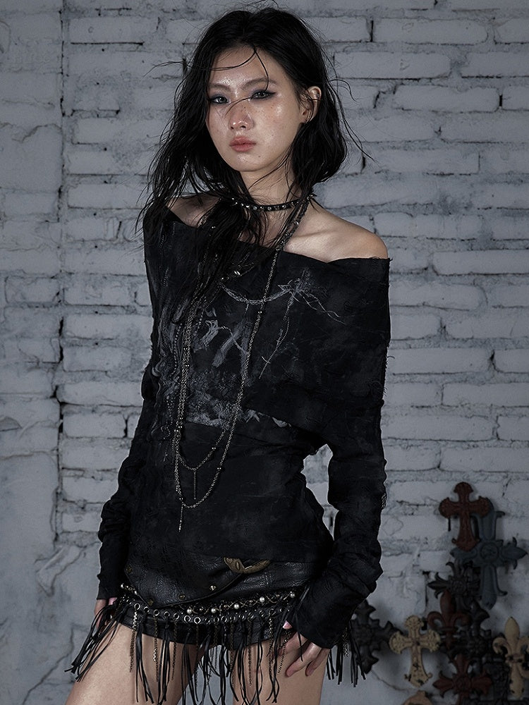 Wasteland Punk Black Off-the-shoulder Neckline Lace-up Design Top