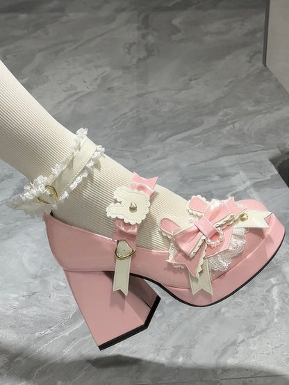 Polished Pink Sweet Lolita Bunny Decorated Bowknot Details Lace Trim Platform High Block Heels