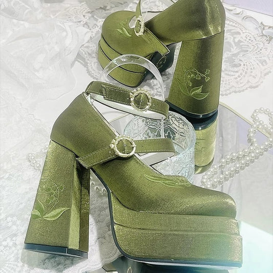 Green Detachable Bowknot Lily of the Valley Embroidery High Block Heel Platform Mary Janes