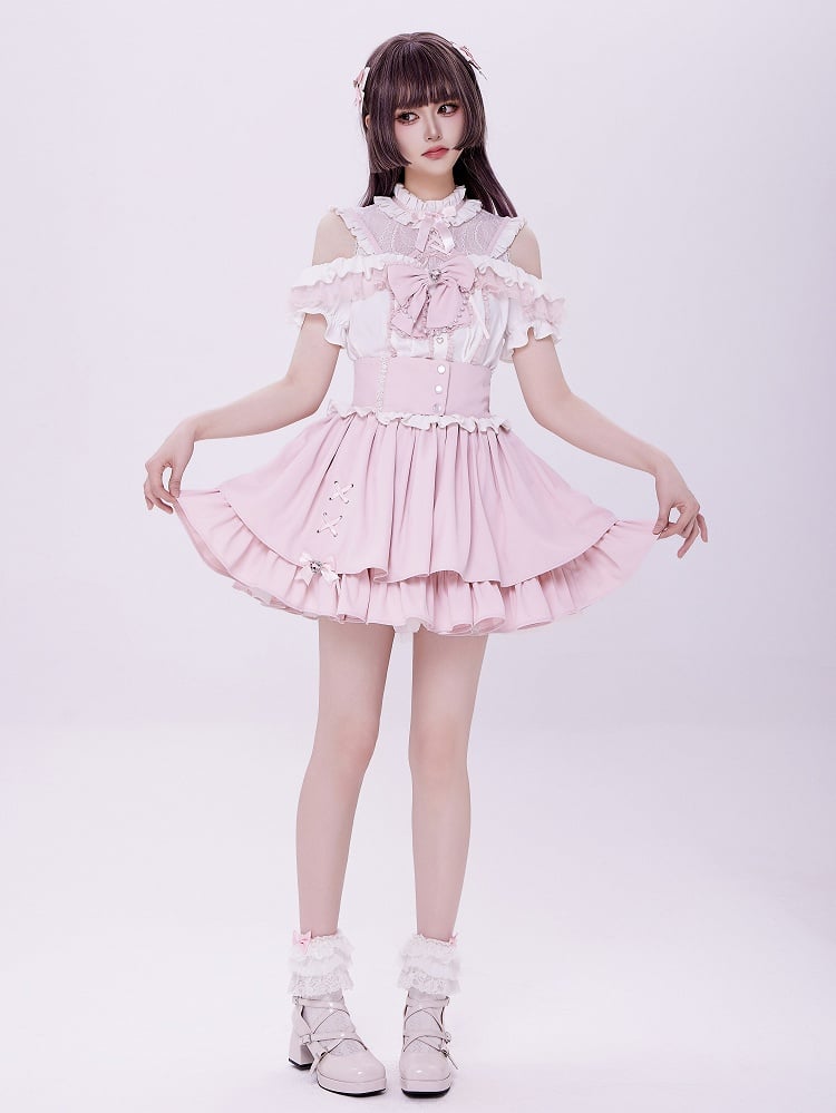 Sweet Pink Jirai Kei High Waist Layered Skirt Smocked Elastic and Self-tie Bow Back