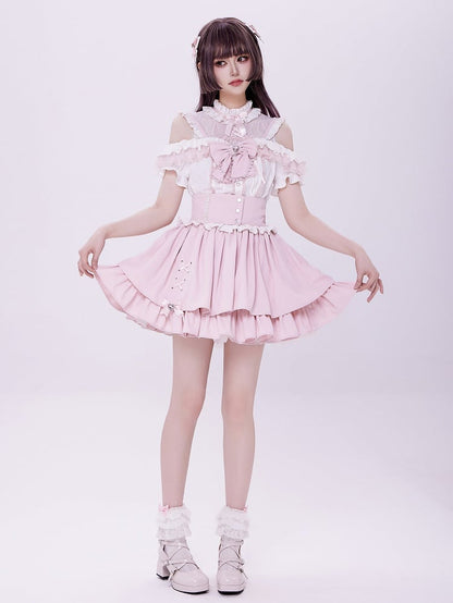 Sweet Pink Jirai Kei High Waist Layered Skirt Smocked Elastic and Self-tie Bow Back