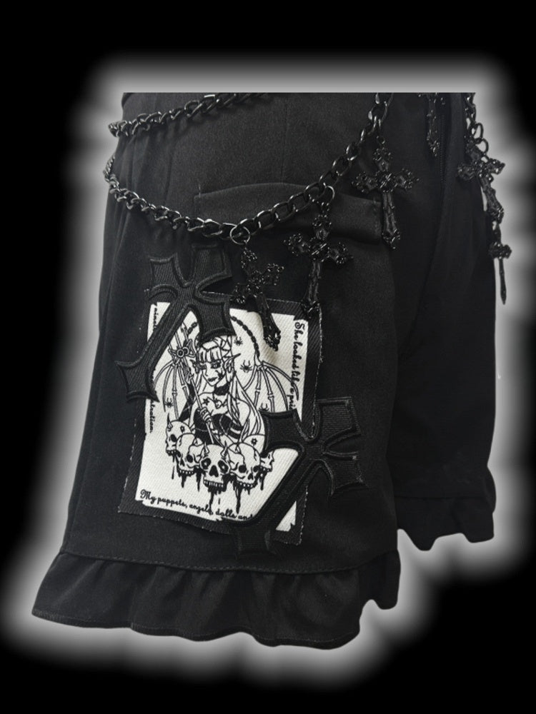 Gothic Black Cross Patches High Waist Ruffle Trim Shorts with Free Waist Chain