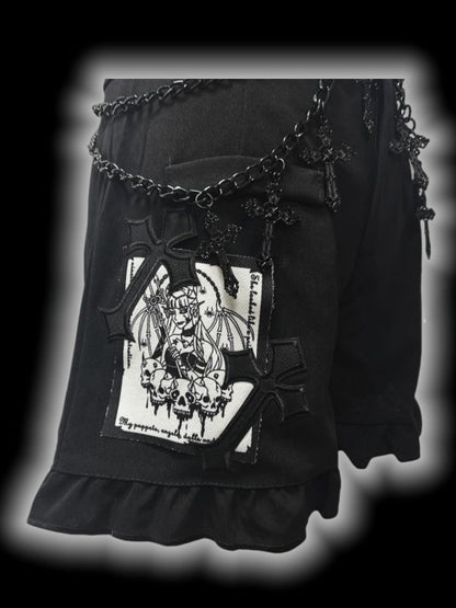Gothic Black Cross Patches High Waist Ruffle Trim Shorts with Free Waist Chain