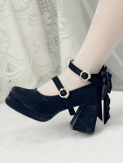Black Detachable Bowknot Lily of the Valley Embroidery Middle Heels Mary Janes