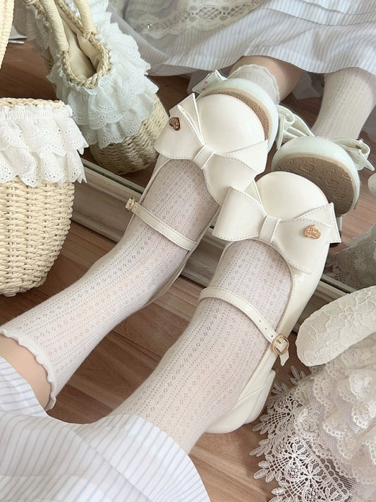Bow at Top White Round Toe 3cm Heel Sweet Mary Janes