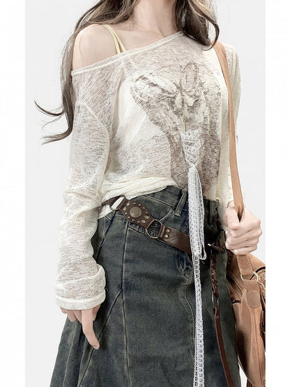 Apricot Lace-up Detail Swimsuit Print Asymmetrical Neckline Top