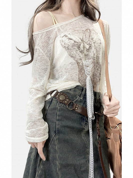 Apricot Lace-up Detail Swimsuit Print Asymmetrical Neckline Top