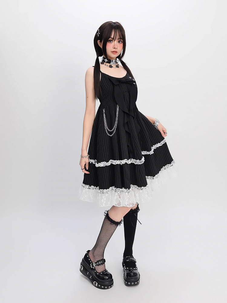 Big Bow Neckline Black Striped Cami Dress Bubble Skirt with Detachable Waist Chain