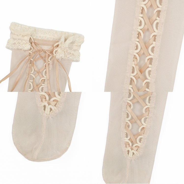 Apricot Lace-up Detail Overknee Stockings