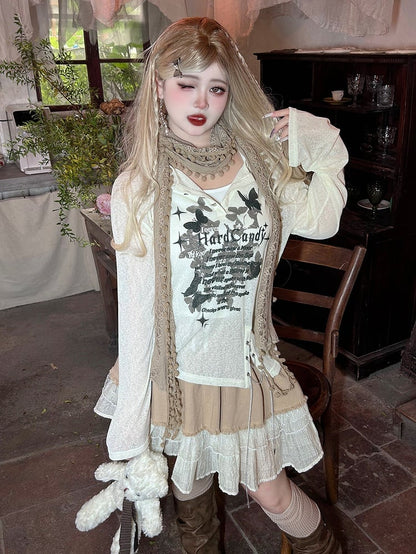 Plus Size Y2K White and Khaki High Waist Skirt