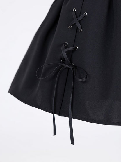 Lace-up Details Jirai Kei Black Ruffled High Waist Skirt