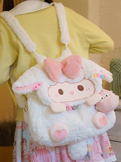 White Lamb Bowknot Plush Flap Backpack Bag Middle/Large Size