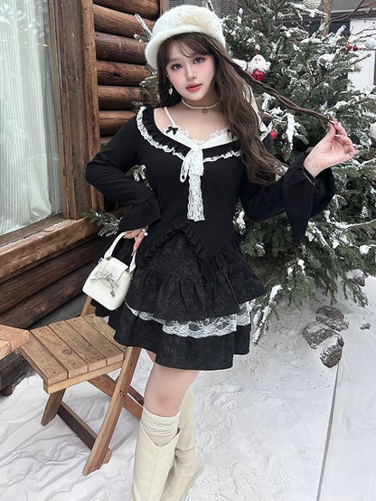 Plus Size Black Lace Accents Floral Jacquard Tiered Skirt