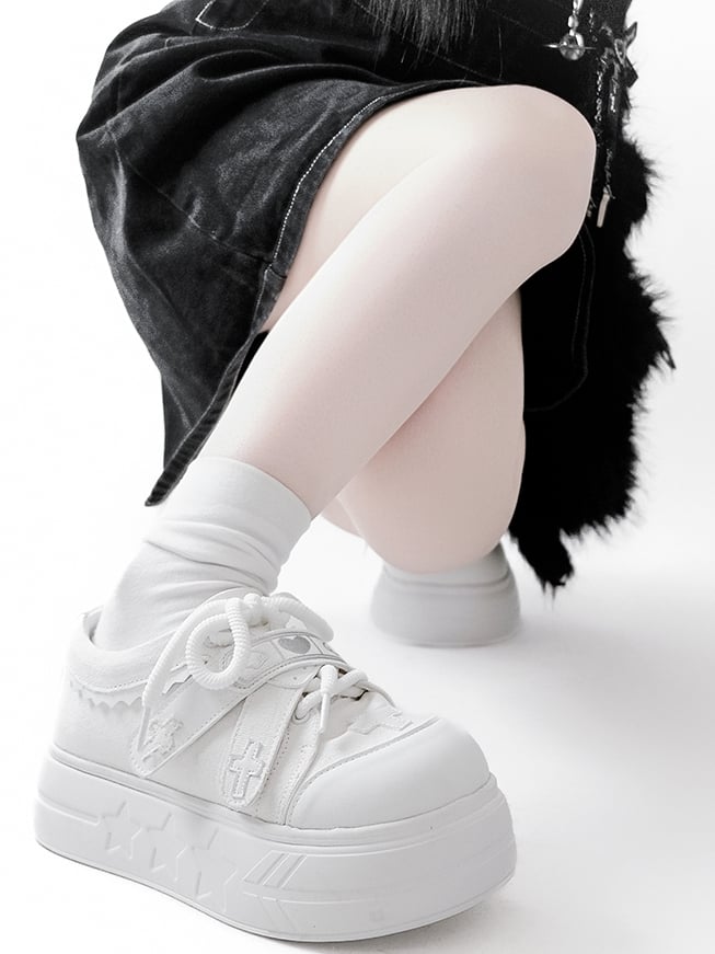 White Yami Kawaii Cross Applique Crisscross Velcro Strap Closures Platform Sneakers
