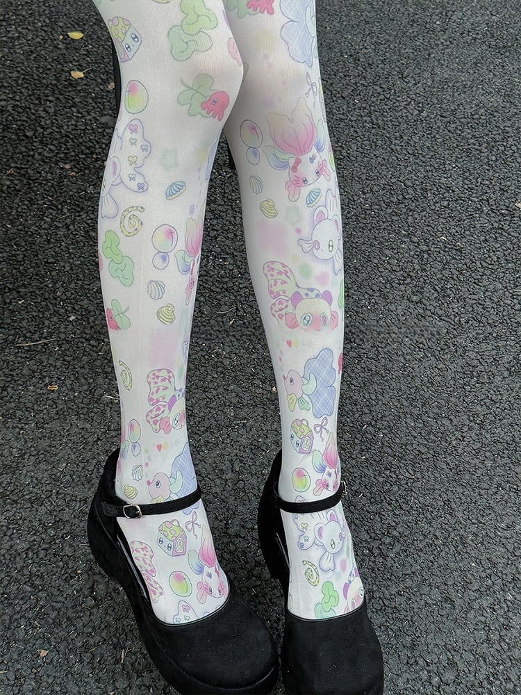 White Sweet Goldfish Print Cartoon Tights