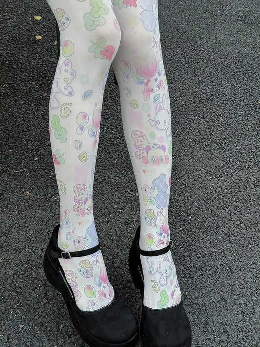 White Sweet Goldfish Print Cartoon Tights