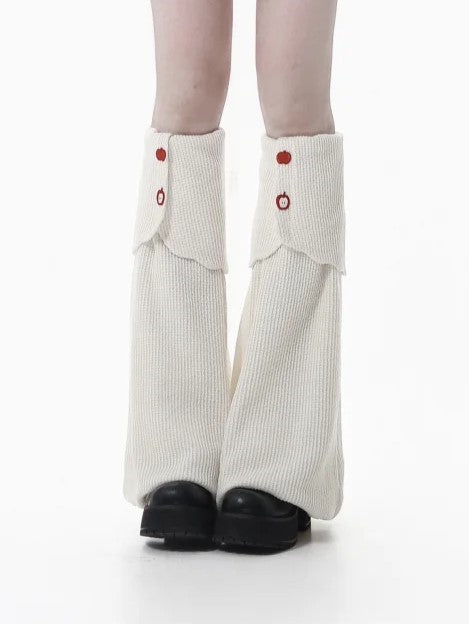 White Knit Leg Warmers with Adorable Apple Button Accents