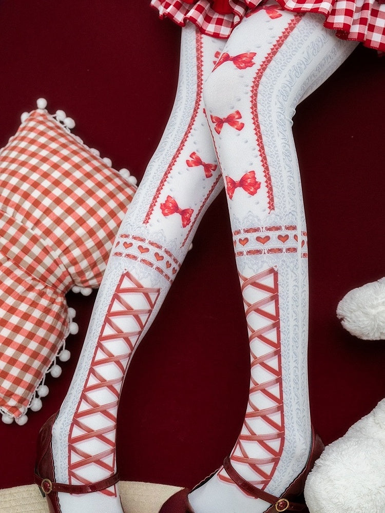 Red/Blue/Purple/Black Sweet Lolita Bowknot Heart Print Tights