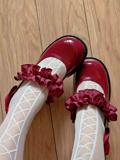 Polished Wine Red Round Toe Ruffle Trim 6CM Block Heel Mary Janes with Beaded Chain