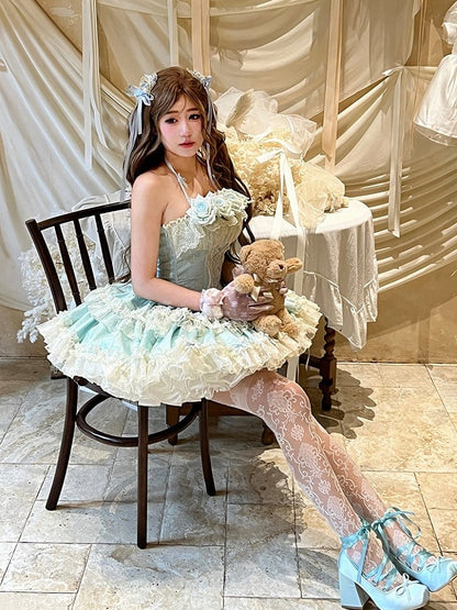 Blue Rose-Embellished Basque Waist Balletcore Dress with Ruffled Layers