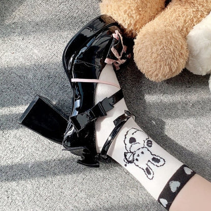 Black and Pink Bow at Top High Block Heel Mary Janes Buckle Ankle Strap