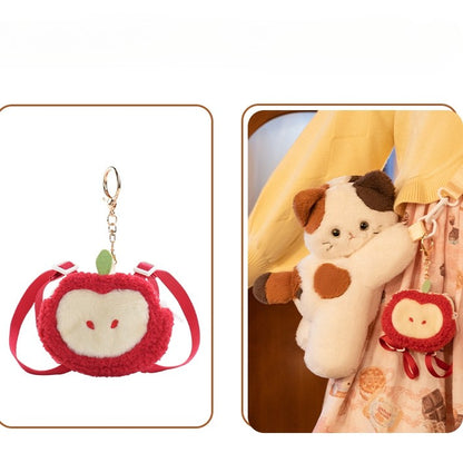 White Cute Kitty Heart Plush Backpack/Crossbody Bag + Red Apple Hat + Apple Backpack Keychian Middle/Large Size