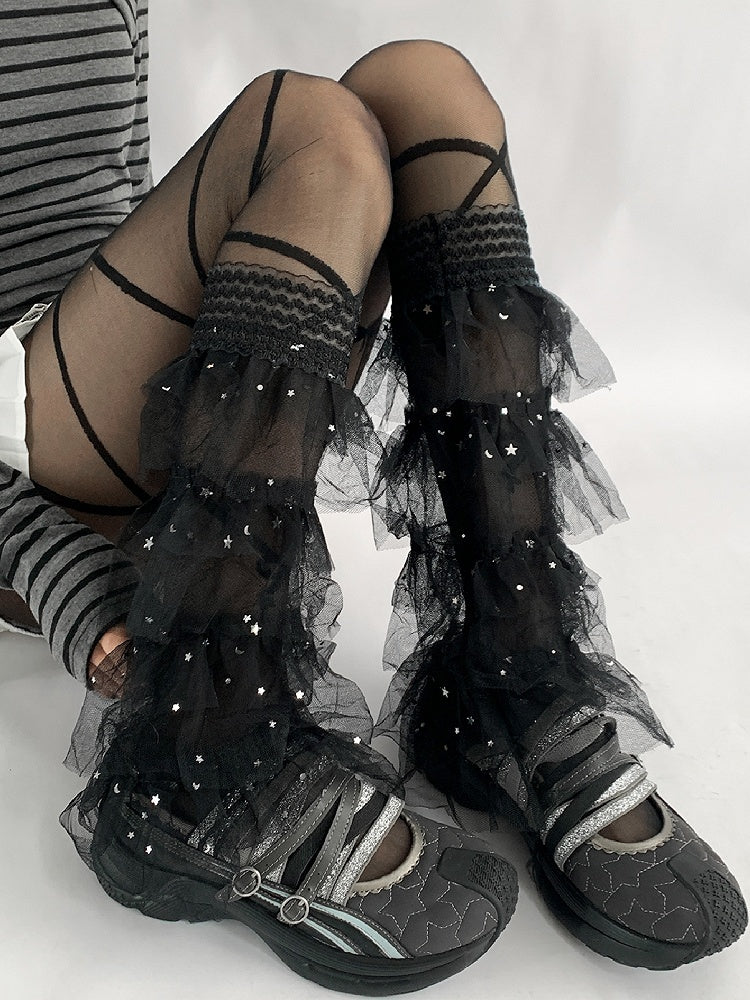 White/Black Y2K Star And Moon Details Tiered Lace Trim Leg Sleeves