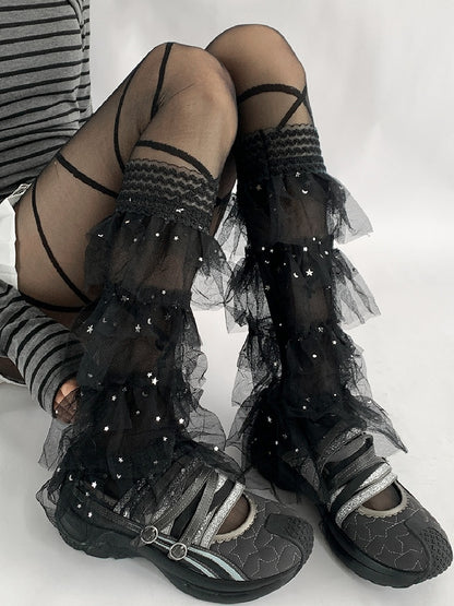 White/Black Y2K Star And Moon Details Tiered Lace Trim Leg Sleeves