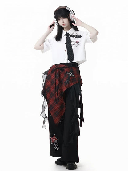 Handkerchief Hem Cascading Ruffles Black and Red Plaid Waist Accessory