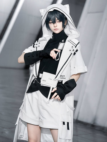 Cyberpunk Techwear Ouji Fashion White Cat Ears Hooded Coat