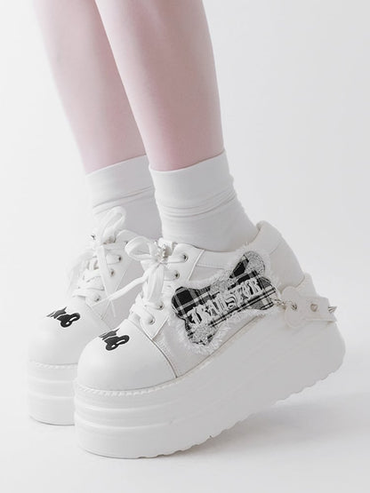 White Punk Bone Applique Silver-tone Studs Platform Shoes