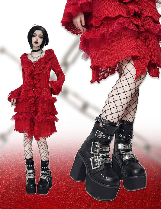 Black Punk Rectangle Metal Plates Buckle Straps Platform High Block Heels with Studs and Chain