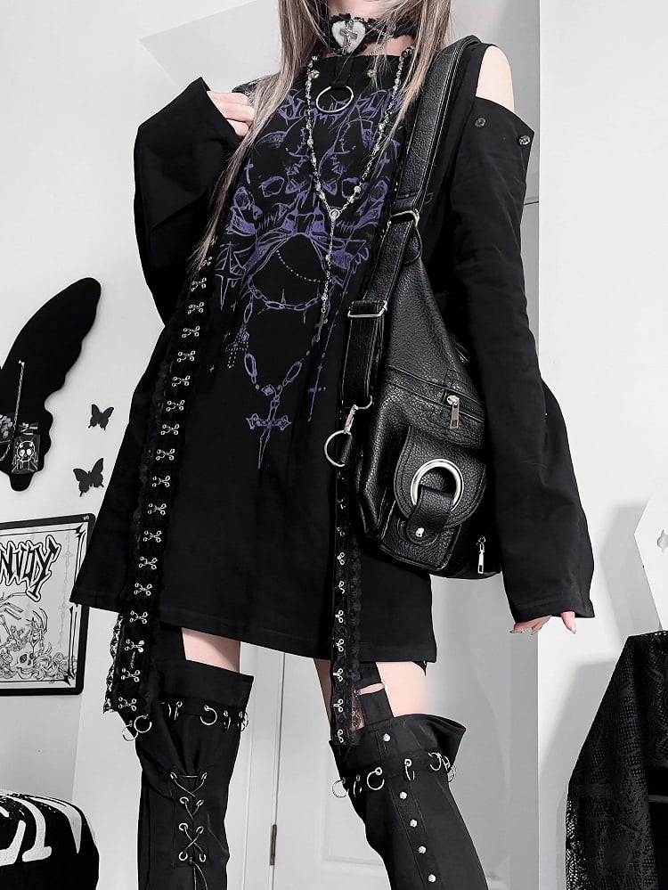 Black&Purple Emo Punk Cutout Shoulder Skeleton And Letter Print Long Sleeves Top