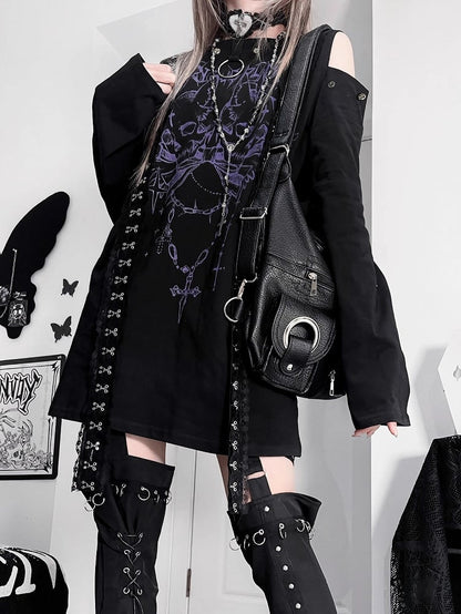 Black&Purple Emo Punk Cutout Shoulder Skeleton And Letter Print Long Sleeves Top
