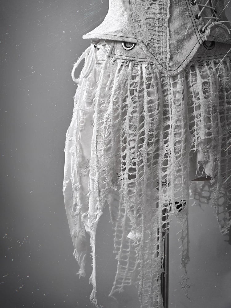White Punk Distressed Holes Handkerchief Hem Skirt with Detachable Overlay