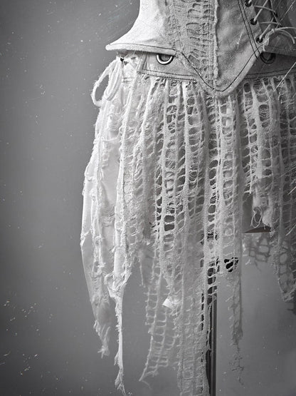 White Punk Distressed Holes Handkerchief Hem Skirt with Detachable Overlay