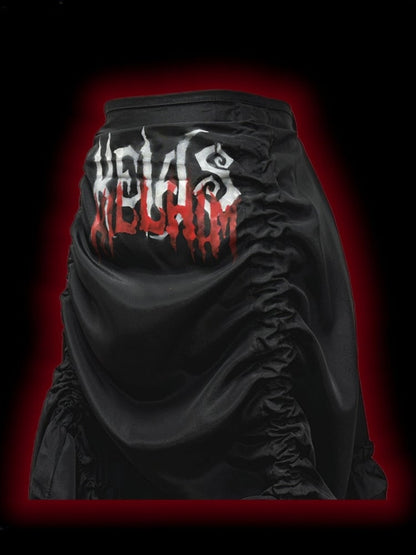 Gothic Black Letters Print Ruched Design High-low Punk Skirt with Free Cross Charms Waist Chain