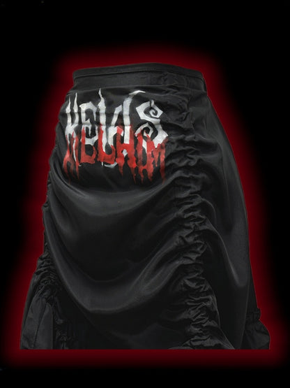 Gothic Black Letters Print Ruched Design High-low Punk Skirt with Free Cross Charms Waist Chain