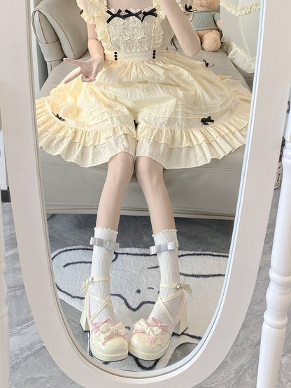 7CM Creamy White & Pink Bow at Top Crisscross Design Sweet Lolita Platform High Block Heels