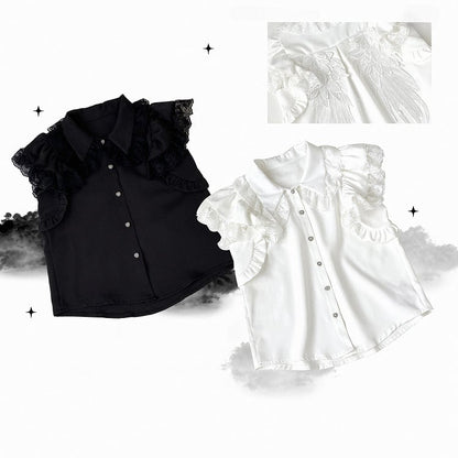 Clearance-Free Size for Bust 104CM Black Lace Trim Jirai Kei Flutter Sleeves Blouse with Back Wings