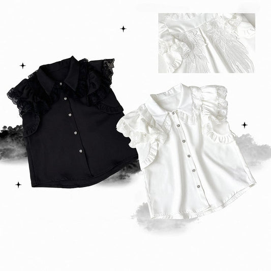 Clearance-Free Size for Bust 104CM Black Lace Trim Jirai Kei Flutter Sleeves Blouse with Back Wings