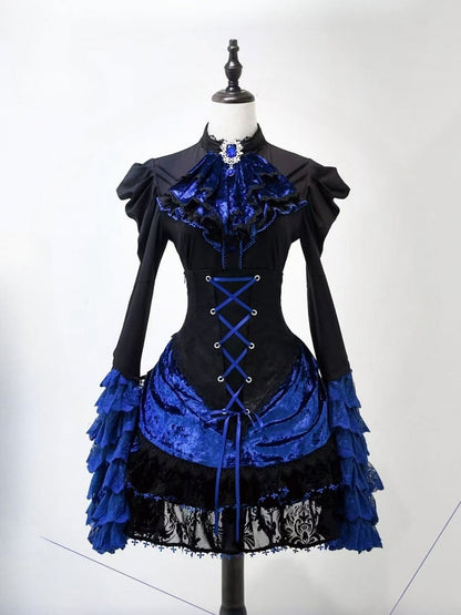 Black and Klein Blue Gothic Lolita Full Set - Long Bell Sleeves Shirt + Boned High Waist Skirt + Jabot Tie + Mini Hat
