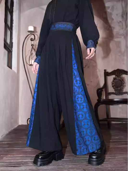 Blue Seahorse and Coral Print Black Drawsting Cuff Cheongsam Style Wide-leg Pants