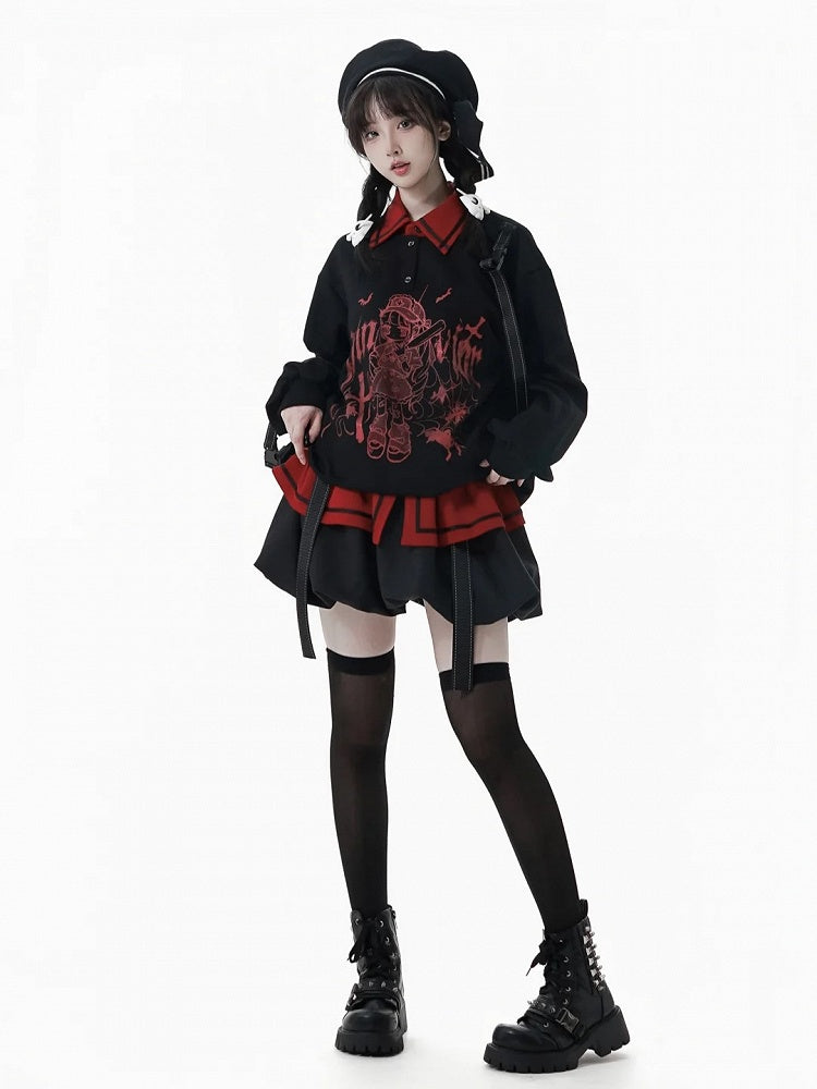 Techwear-Style Black/White Anime Girl Graffiti Sweatshirt with Letter Print and Detachable Snap Straps