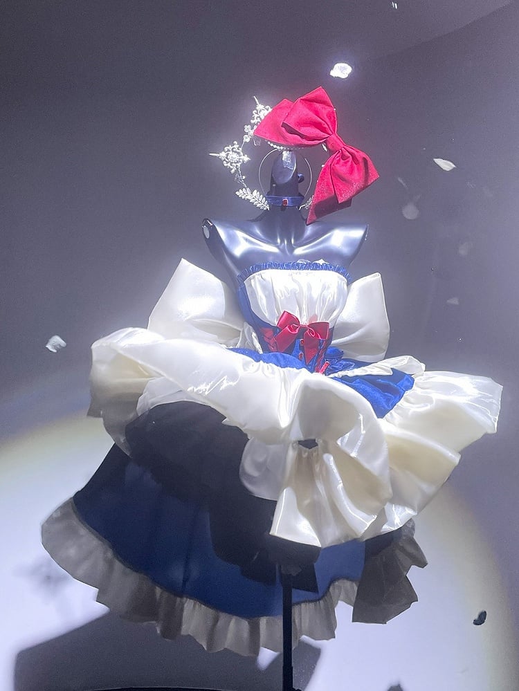 Blue & White Basque Waist Sweet Lolita Dress with Large Bow and Red Ribbon Accents