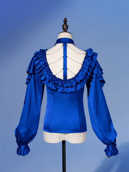 Deep Sea Blue Layered Ruffles V-neck Long Sleeves Shirt with Detachable Bead Chain Cutout Back