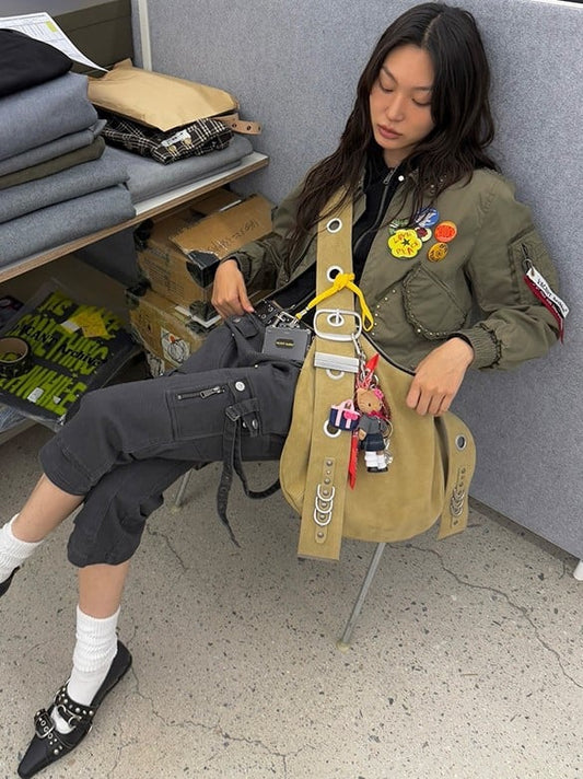 Chic Brown Punk Crescent Tote Bag With Adjustable Strap