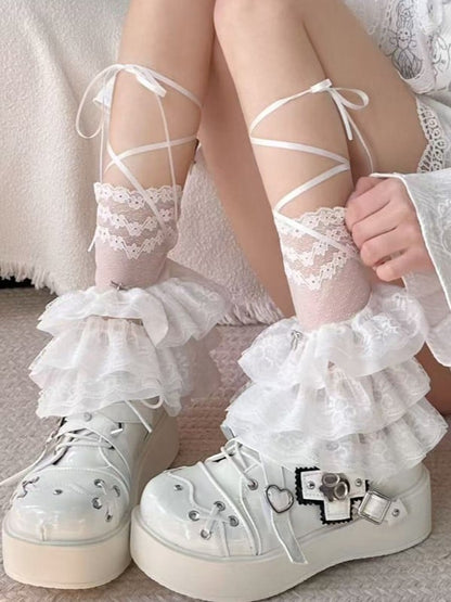 Blue/White Lace Floral Pattern Ruffled Cuffs Semi-sheer Leg Sleeves With White Self-tie Straps